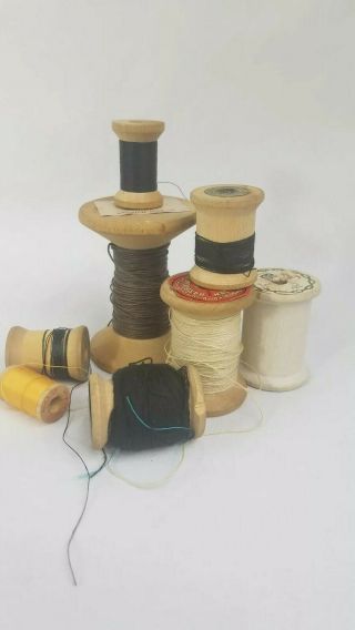 48 Vintage Wooden Spools With Silk Cotton Nylon Machine Thread 5