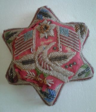 Large 11 " Antique Iroquoise Beaded Pin Cushion With American Flags And An Eagle