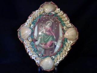 Vintage Religious Wall Hanging,  Convex Glass Centre Surrounded By Shells