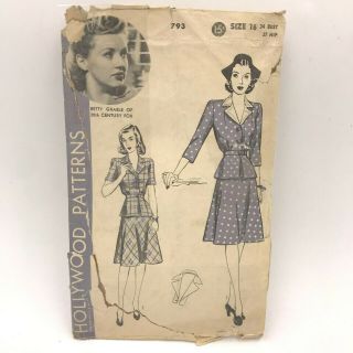 Vintage 1940s Hollywood Sewing Pattern Betty Grable 2 Piece Peplum Dress 793 Pt