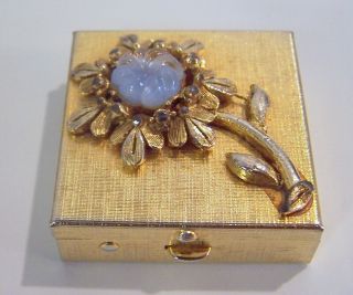 Vintage Gold Tone Metal Mini Pill Snuff Trinket Box Flower With Blue Stone.