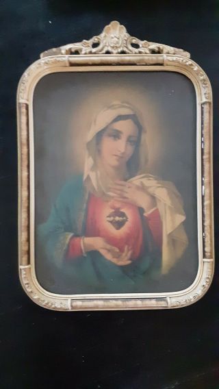 Old Antique Religious Picture Mary Sacred Heart Carved Wood Frame