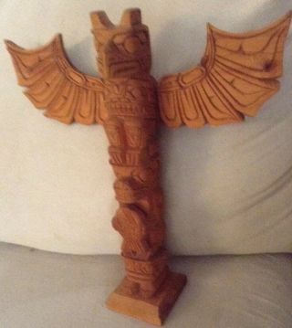Native American Indian Made 14 " Totem Pole Wooden Hand Carved By Marlin Alphonse