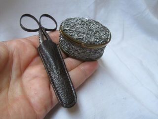 Antique Metal Filigree Sewing Thimble Box & Scissors Leather Sheath 1900 