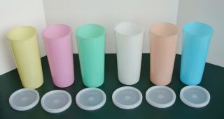 6 Vintage Pastel Tupperware 12 Oz.  Cups Tumblers W Lids Seals 115 F