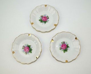 Vintage Set Of 3 Gold Trimmed Porcelain Floral Ashtray Made In Japan