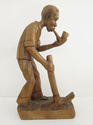 African Hand Carved Wood Signed Vtg Tribal Sculpture Man W/ Pipe & Pickaxe 16 "