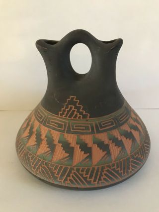 Native American 4.  5 " X6 " Red Clay Pottery Wedding Vase Navajo Signed J Jmns Dineh
