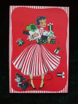 Vintage Christmas Card Lady Shopping Small Dog Midcentury Girl Arm Full Of Gifts