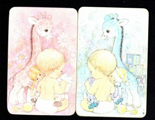 Vintage Swap Cards - Cute Baby Girl & Boy With Giraffe Pair (blank Backs)
