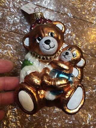 Slavic Treasures Brown Teddy Bears Blown Glass Christmas Tree Ornament Poland