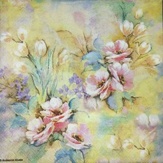 Bulk - 0,  79$/pc 3 X Single Paper Napkins Decoupage Pink Pastel Dream Flowers M213