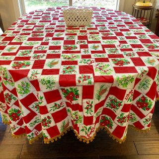 Vintage Christmas Tablecloth 70” X 108” Oval Pom - Pom Trim Festive Florals