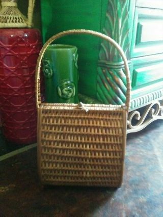 Vintage Wicker Rattan Straw Case Purse Sewing Basket W/ Handle