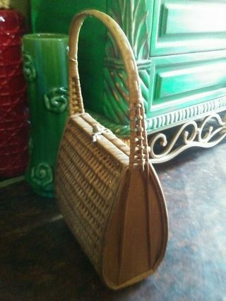 Vintage WICKER Rattan Straw Case Purse Sewing Basket W/ Handle 2