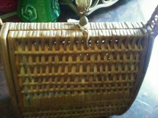Vintage WICKER Rattan Straw Case Purse Sewing Basket W/ Handle 3