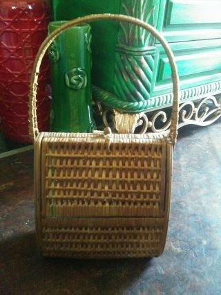 Vintage WICKER Rattan Straw Case Purse Sewing Basket W/ Handle 5