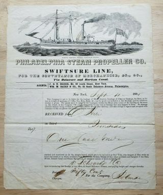 Philadelphia Steam Propeller Co.  Bill Of Lading 1855 Swiftsure Line Ship Graphic
