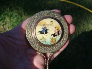Vintage Miniature Porcelain Painting Japanese Samurai Metal Pocket Hand Mirror 5