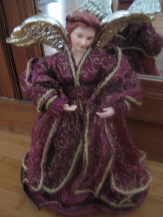 Christmas Angel Holiday Decoration Display Tree Topper 16 " Burgundy Gold Wings