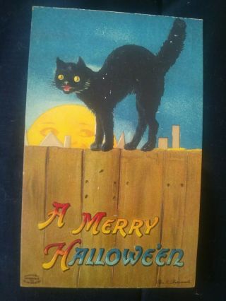 Artist Signed: Ellen Clapsaddle Black Cat " A Merry Halloween " Post Card