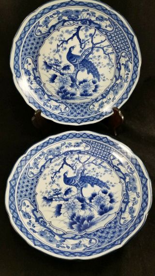 2 Toyo Japan Imari Porcelain Blue & White Peacock 10 " Plates Signed Blue Rim