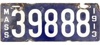 1913 Massachusetts Porcelain License Plate 39888 Triple 8’s
