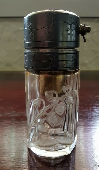 Antique Art Nouveau Piston Pump Etched Cut Crystal Floral Pattern Perfume Bottle