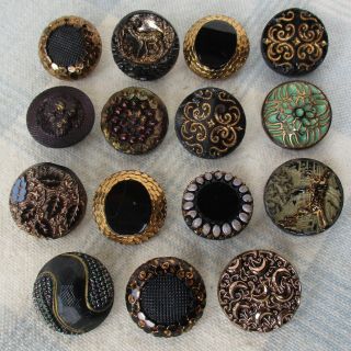 Asmt.  Of 15 Antique Molded Black Glass Buttons W Gold Luster,  Deer,  Dog