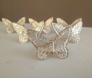Vintage Set Of 6 Silver Butterfly Napkin Rings Decor Tableware 2 1/4 "