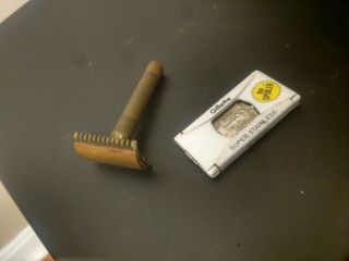 Vintage Safety Razor - Early Gillette Brass Double Edge Comb With Pack Of Blades.