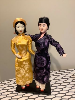 Lovely Auth.  Pair Vietnamese Dolls In Ethnic Traditional Folk Costume