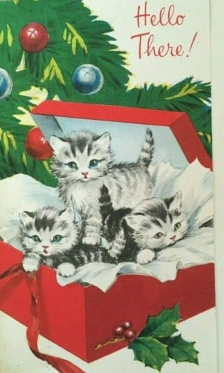 Vintage Mid Century Kittens In A Xmas Box Christmas Card