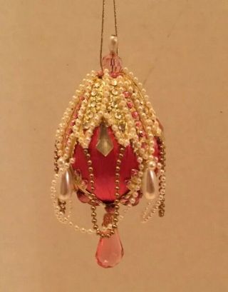 Vintage Beaded Christmas Ornament Elaborate Pink Teardrop Lee Wards Zimonick