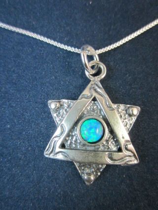 Artisan Sterling Silver Star Of David With Opal Pendant Necklace 18 " 925 Chain