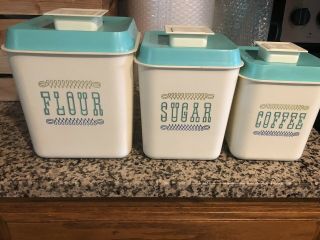 Vintage Retro Plastic Square Creme Turquoise Nesting Canisters Set Of 3