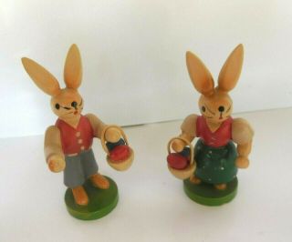 2 Vintage Erzgebirge Esco Bunny Rabbits With Baskets Germany Wooden 2 1/8 "