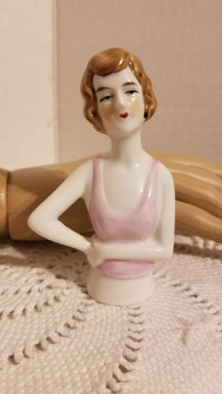 Vintage Half Doll Porcelain Germany Sewing Cushion Demi Figurine Lady In Pink A