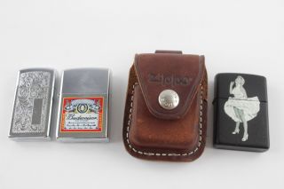 3 X Vintage Zippo Cigarette Lighters Inc.  Matt Black,  Advertising,  Engraved Etc