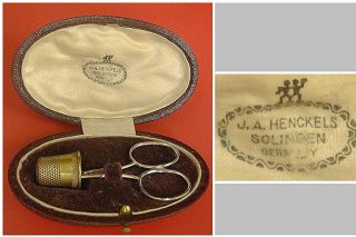 Antique Sewing Accessory Kit: Ja Henckes Scissors & Thimble; Orig Leather Case