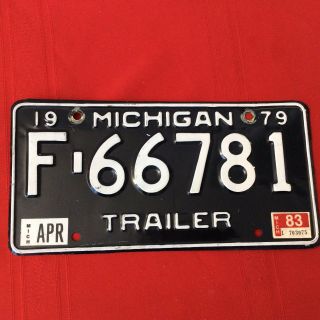 Vintage Michigan License Plate F - 66781 1979 Expired Black & White Trailer (s4