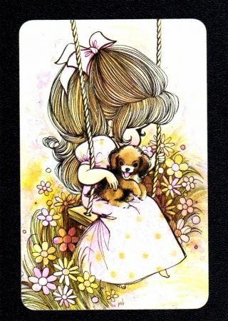 Vintage Joy Swap Card - Pretty Girl On Swing With Puppy (blank Back)