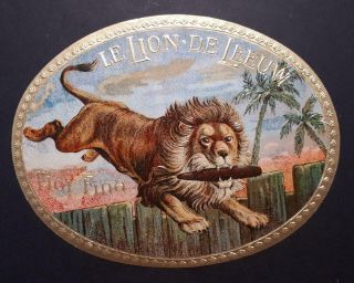 Antique Embossed Cigar Box Label Le Lion De Leeuw Flor Fina