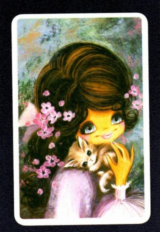 Vintage Joy Swap Card - Pretty Girl With Kitten (blank Back)