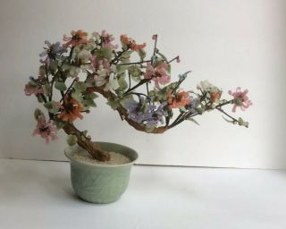 Vintage Jade Agate Glass Bonsai Tree W/ Pink,  Salmon,  White & Purple Blossoms