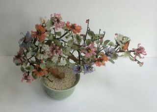 Vintage Jade Agate Glass Bonsai Tree w/ Pink,  Salmon,  White & Purple Blossoms 2