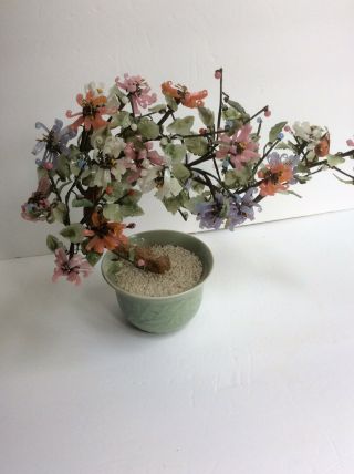 Vintage Jade Agate Glass Bonsai Tree w/ Pink,  Salmon,  White & Purple Blossoms 3
