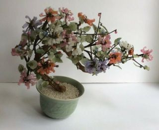 Vintage Jade Agate Glass Bonsai Tree w/ Pink,  Salmon,  White & Purple Blossoms 4