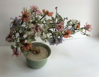 Vintage Jade Agate Glass Bonsai Tree w/ Pink,  Salmon,  White & Purple Blossoms 5