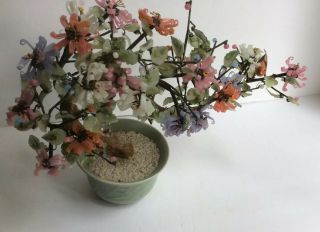 Vintage Jade Agate Glass Bonsai Tree w/ Pink,  Salmon,  White & Purple Blossoms 6